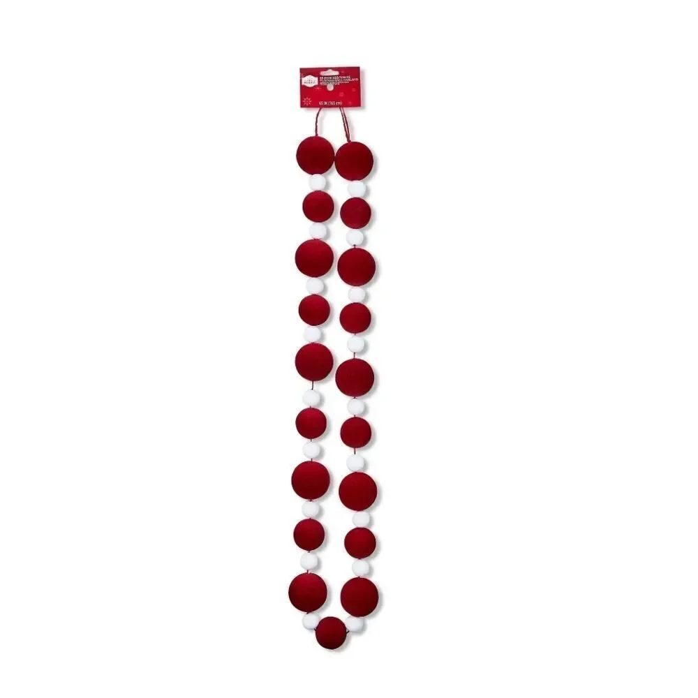 65 inch Red / White Flocked Ball Christmas Garland, New